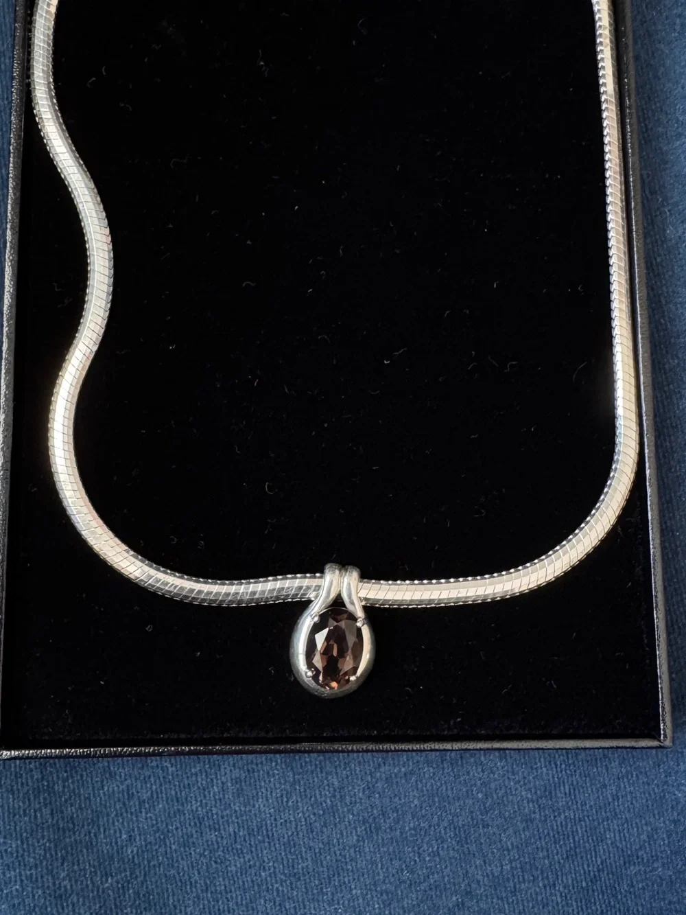 Milor Herringbone Sterling Silver .925 Smoky Topaz oval stone Necklace.